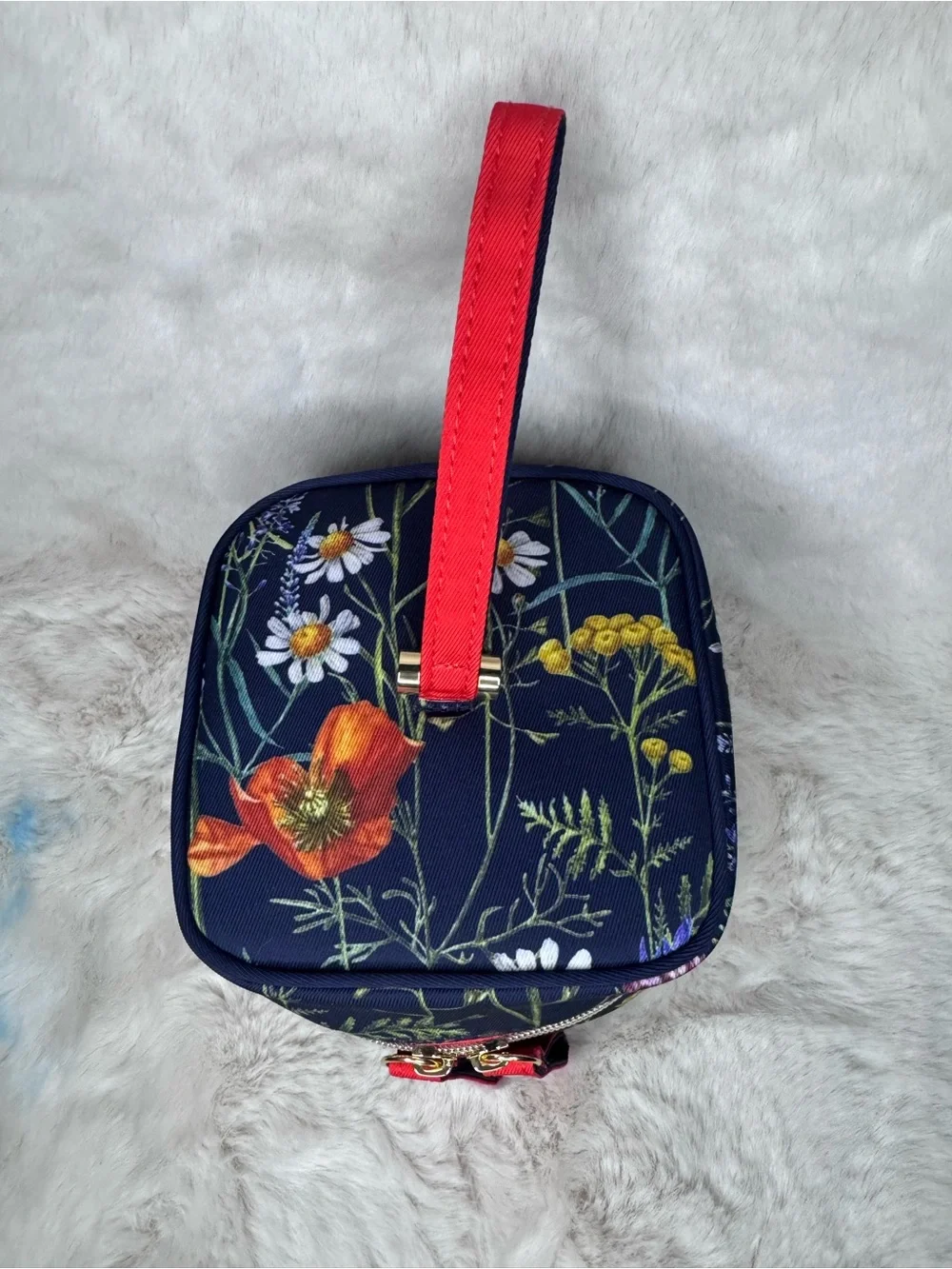 Estée Lauder Navy Floral Wristlet Cosmetic Case with Red Trim